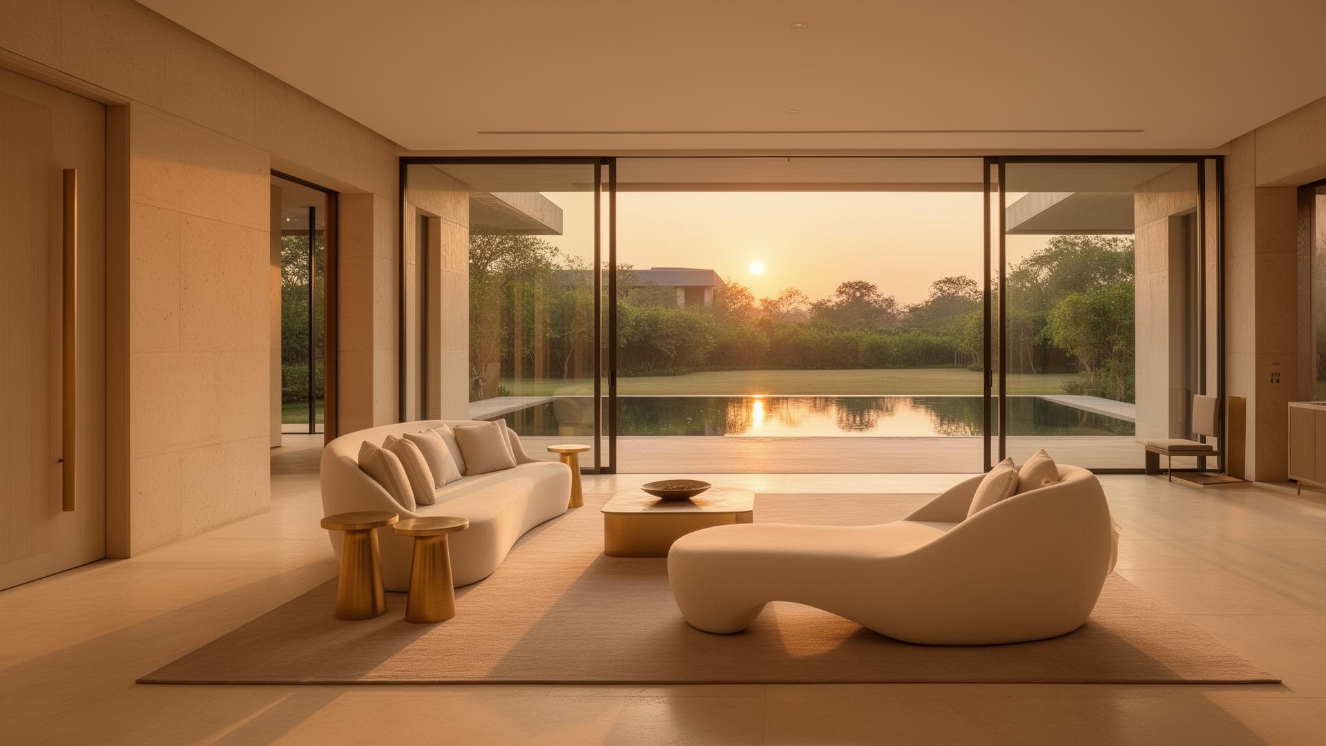 Luxury villa interior glowing at sunset